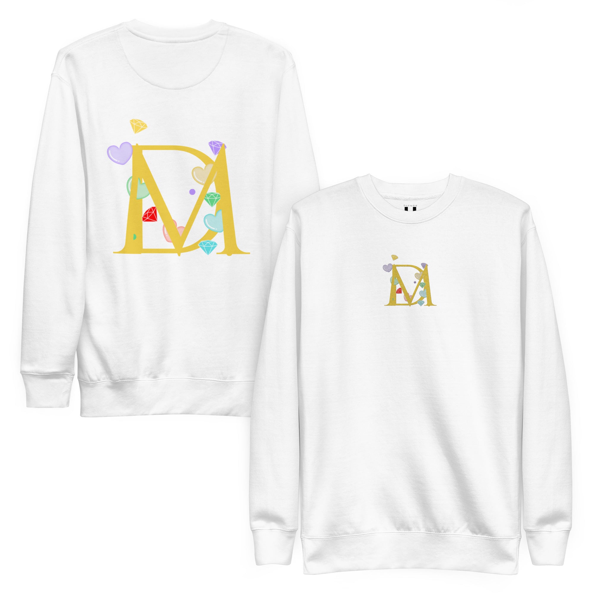 Unisex white Daemon Las Palmas Felpa sweatshirt shown from front and back, featuring a comfortable, stylish design.