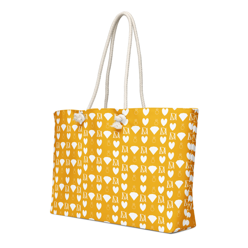 White Daemon Luxury Frosted Diamonds Tarmin Honeybees weekender bag with gold hardware, front view showing textured surface and handles.