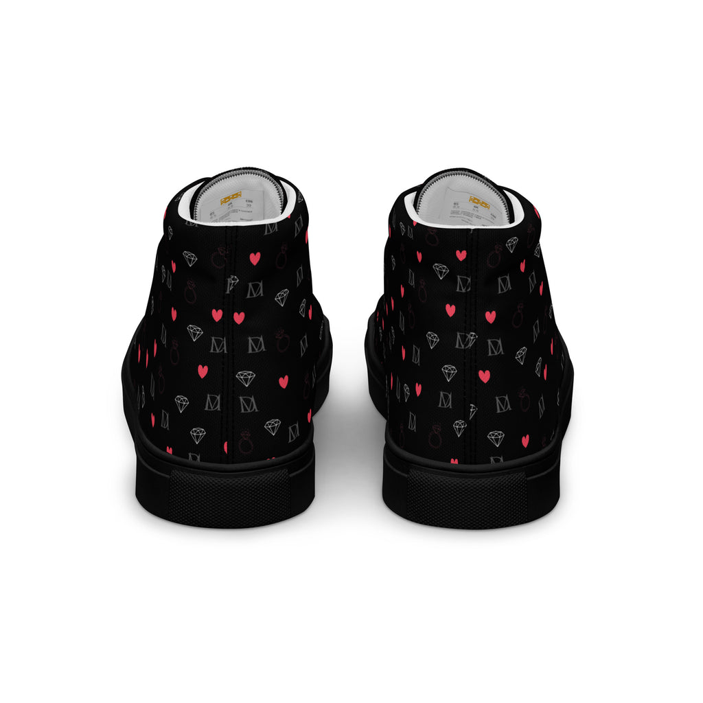 Black women's high-top canvas shoes featuring speckled diamond patterns from Daemon Luxury's NEMESIS Female collection.