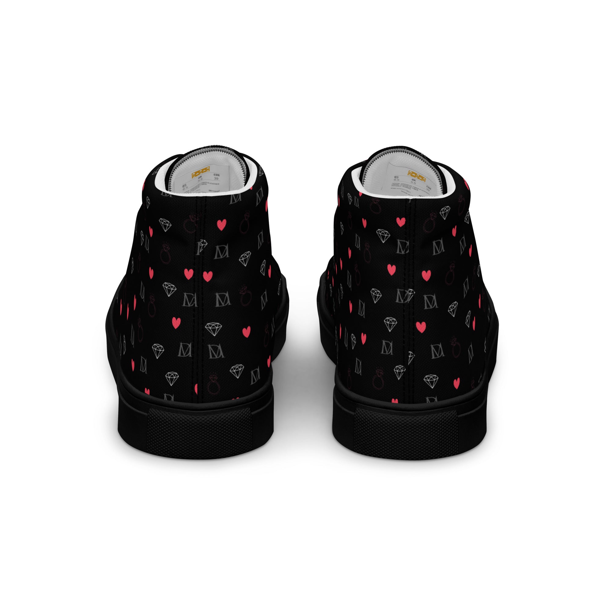 Black women's high-top canvas shoes featuring speckled diamond patterns from Daemon Luxury's NEMESIS Female collection.