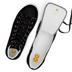 Black high-top canvas shoes with speckled diamond design and Daemon Luxury branding, stylish women's footwear.