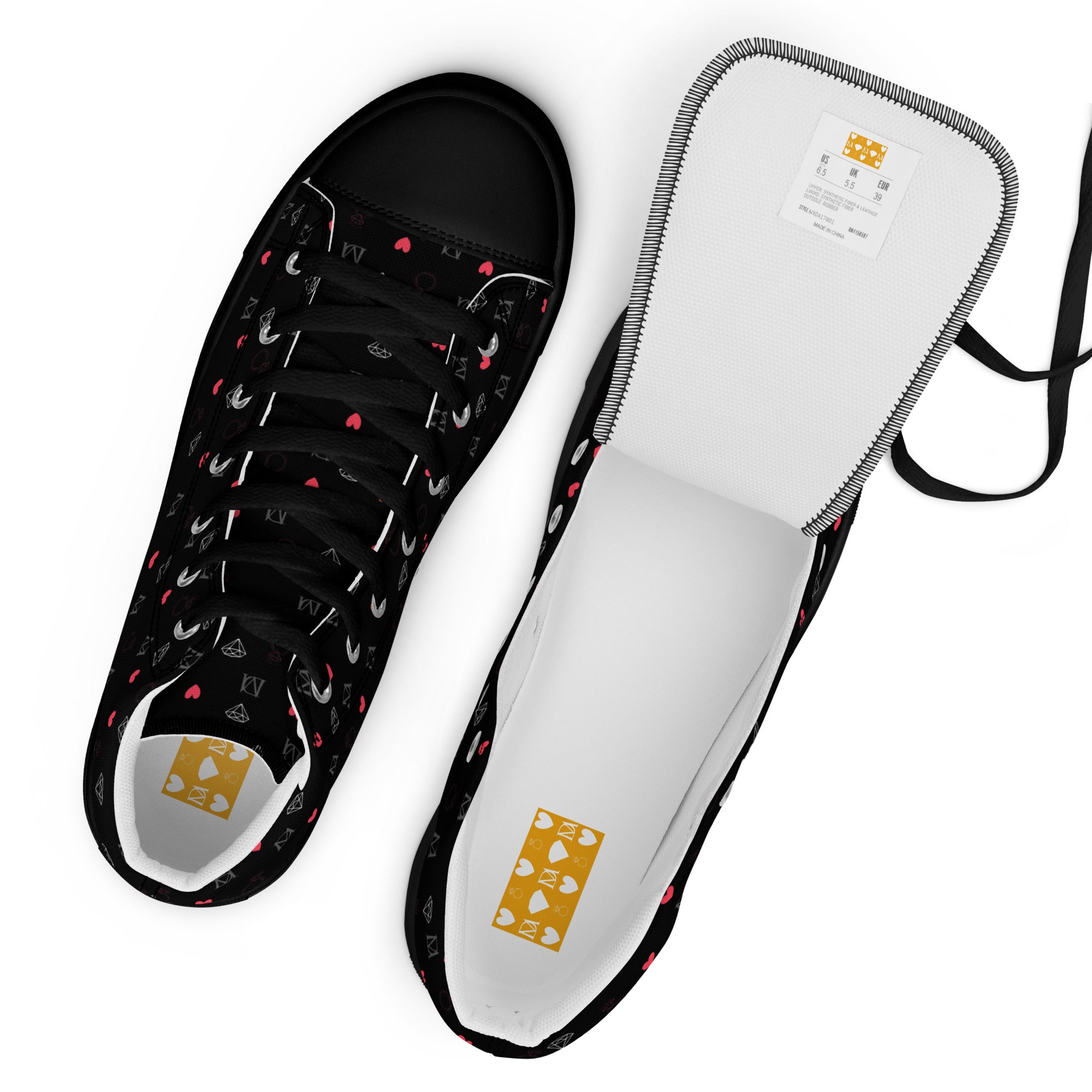 Black high-top canvas shoes with speckled diamond design and Daemon Luxury branding, stylish women's footwear.