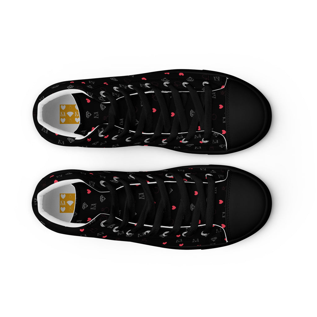 Black high-top canvas shoes with speckled diamond pattern from Daemon Luxury's NEMESIS Female collection.