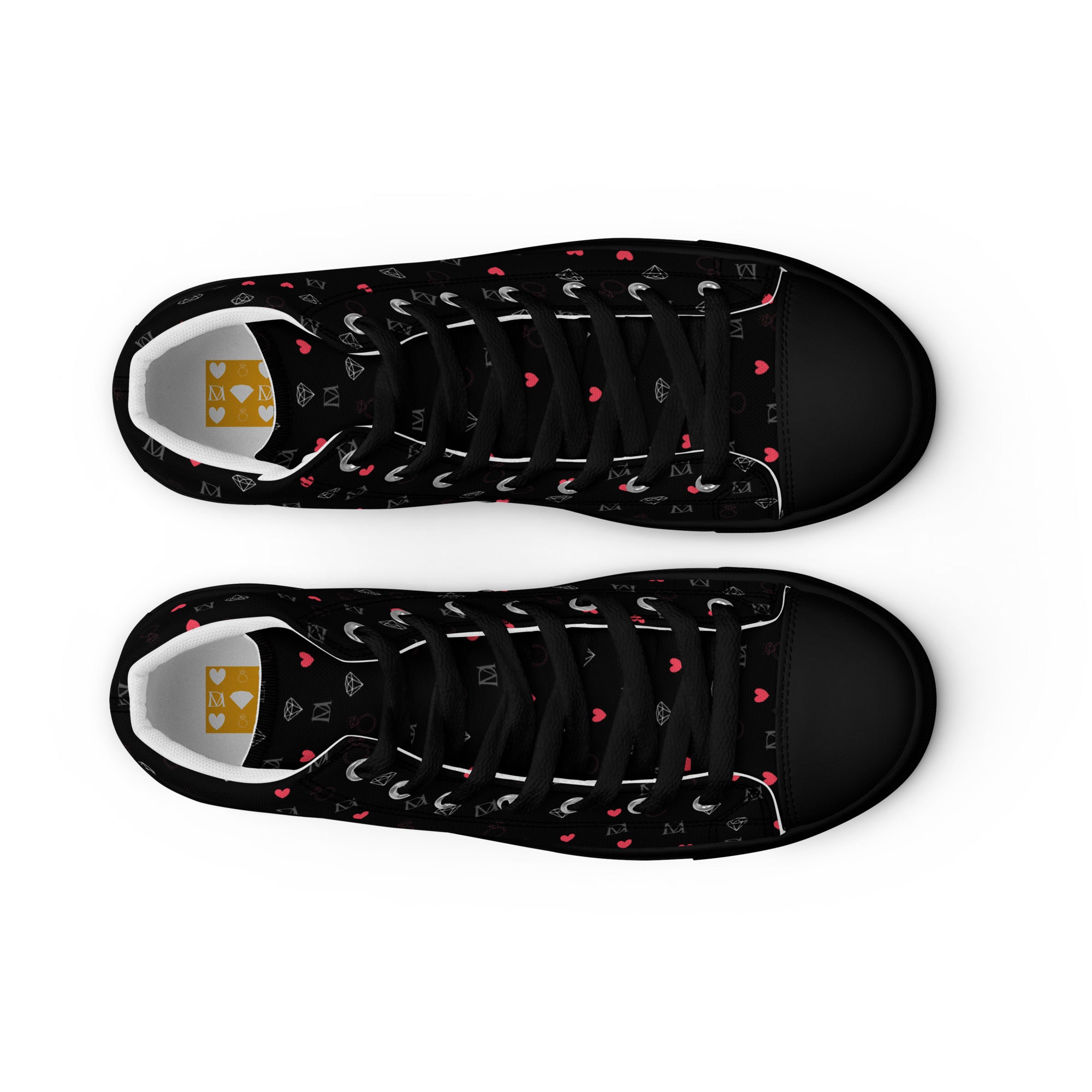 Black high-top canvas shoes with speckled diamond pattern from Daemon Luxury's NEMESIS Female collection.