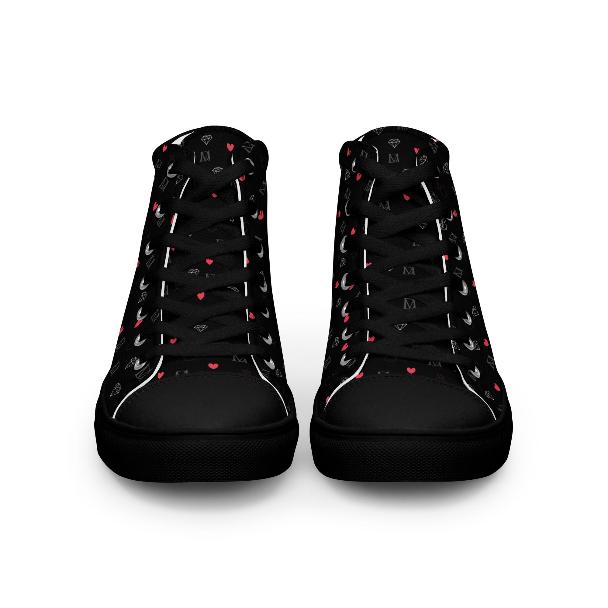 Black high-top canvas shoes with speckled diamond design from Daemon Luxury's NEMESIS Female collection.