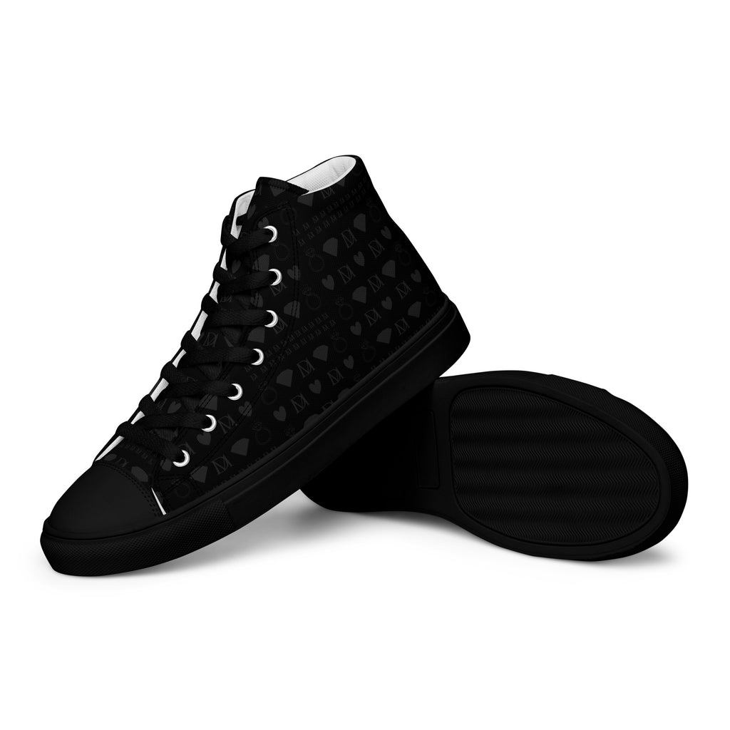 Black high-top canvas women's shoes with frosted diamond accents, by Daemon Luxury, featuring a sleek platinum finish.