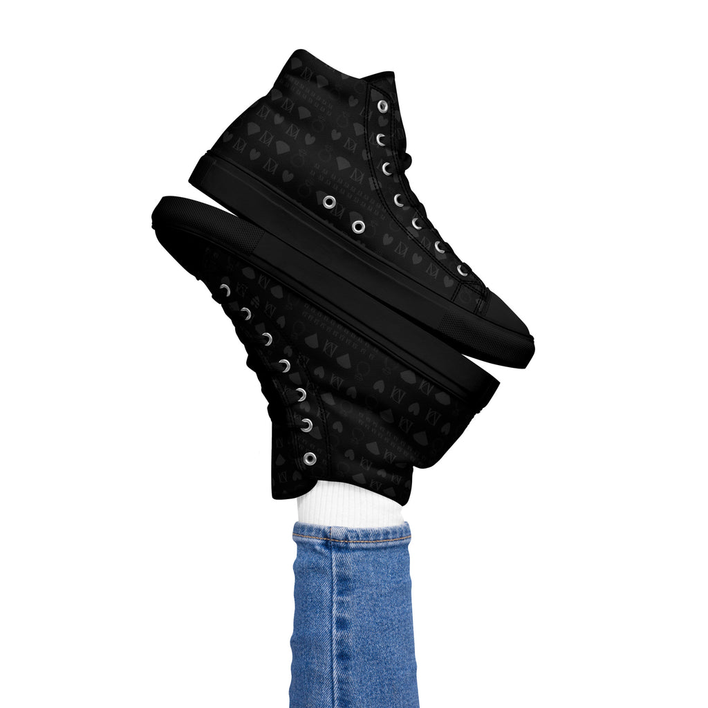 Black women's high-top canvas shoes with frosted diamond details by Daemon Luxury, featuring a sleek platinum finish.