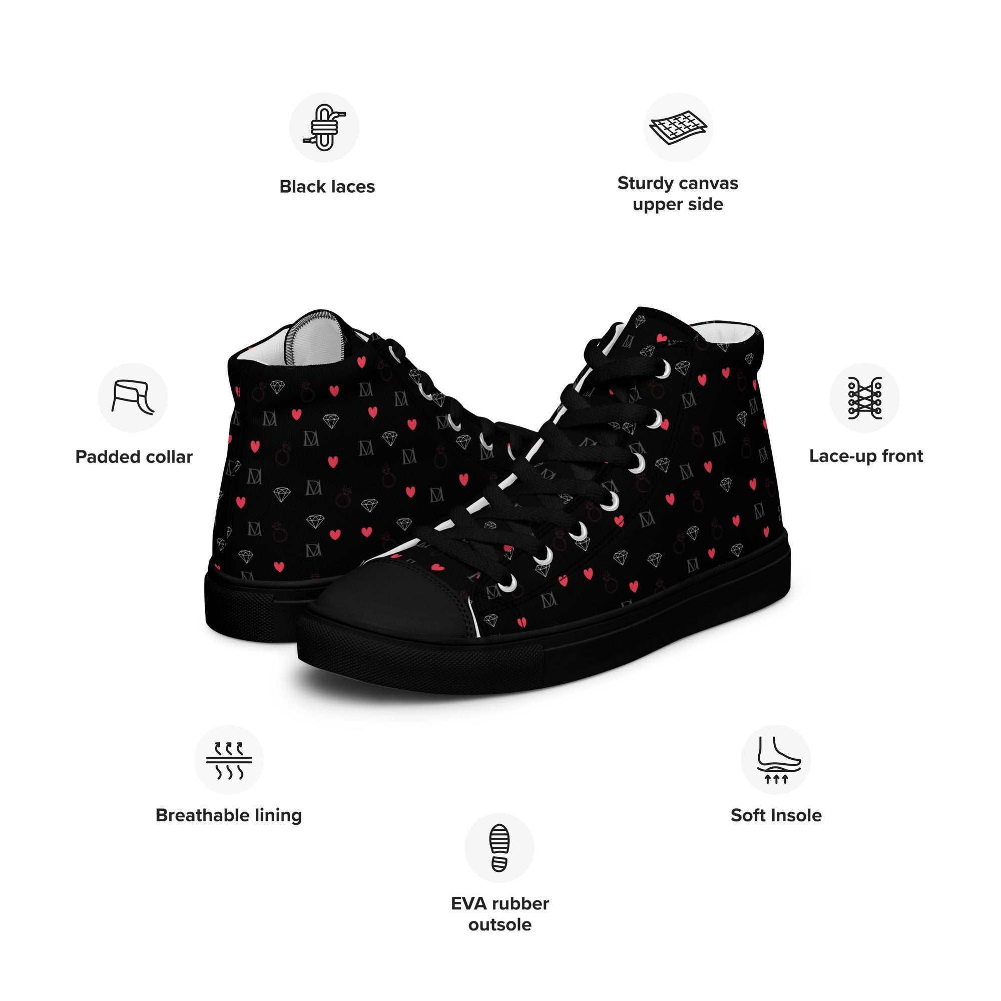 Black women's high-top canvas shoes with speckled diamond pattern by Daemon Luxury, featuring stylish and comfortable design.