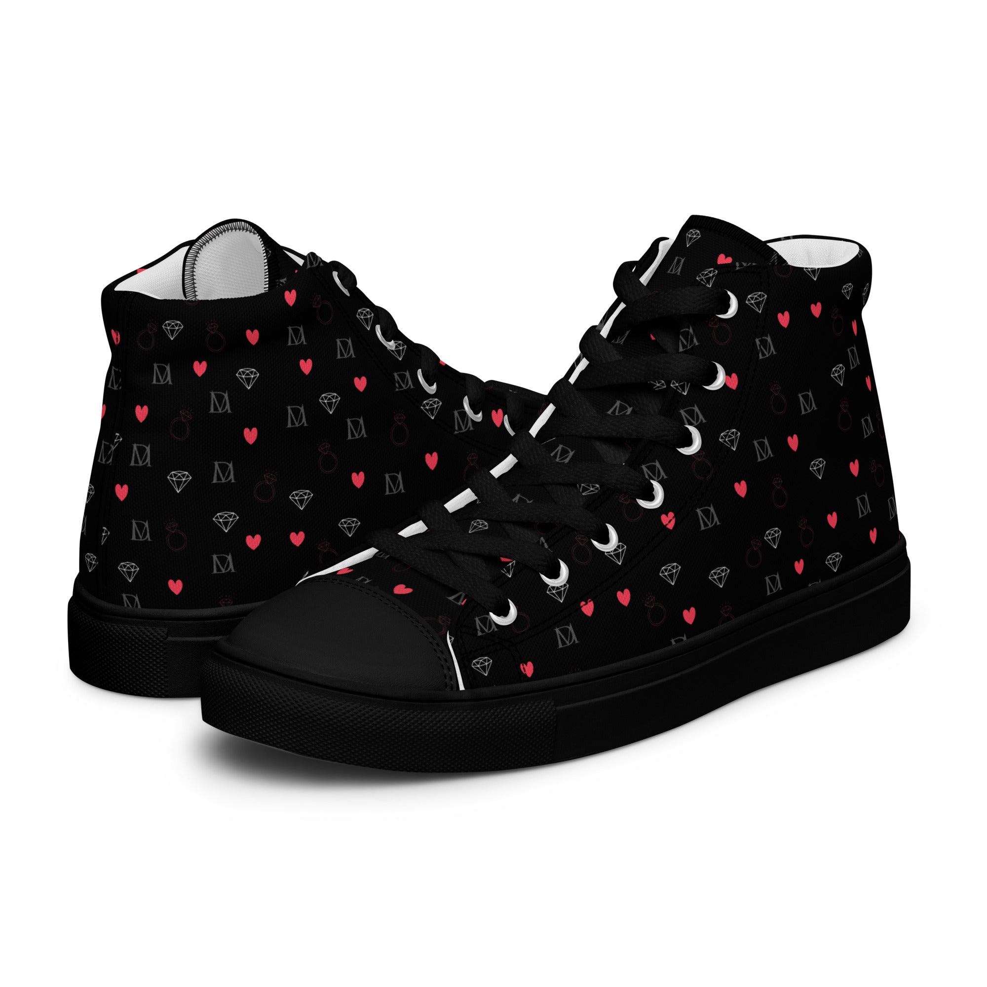 Black high-top canvas shoes for women featuring speckled diamond designs by Daemon Luxury.