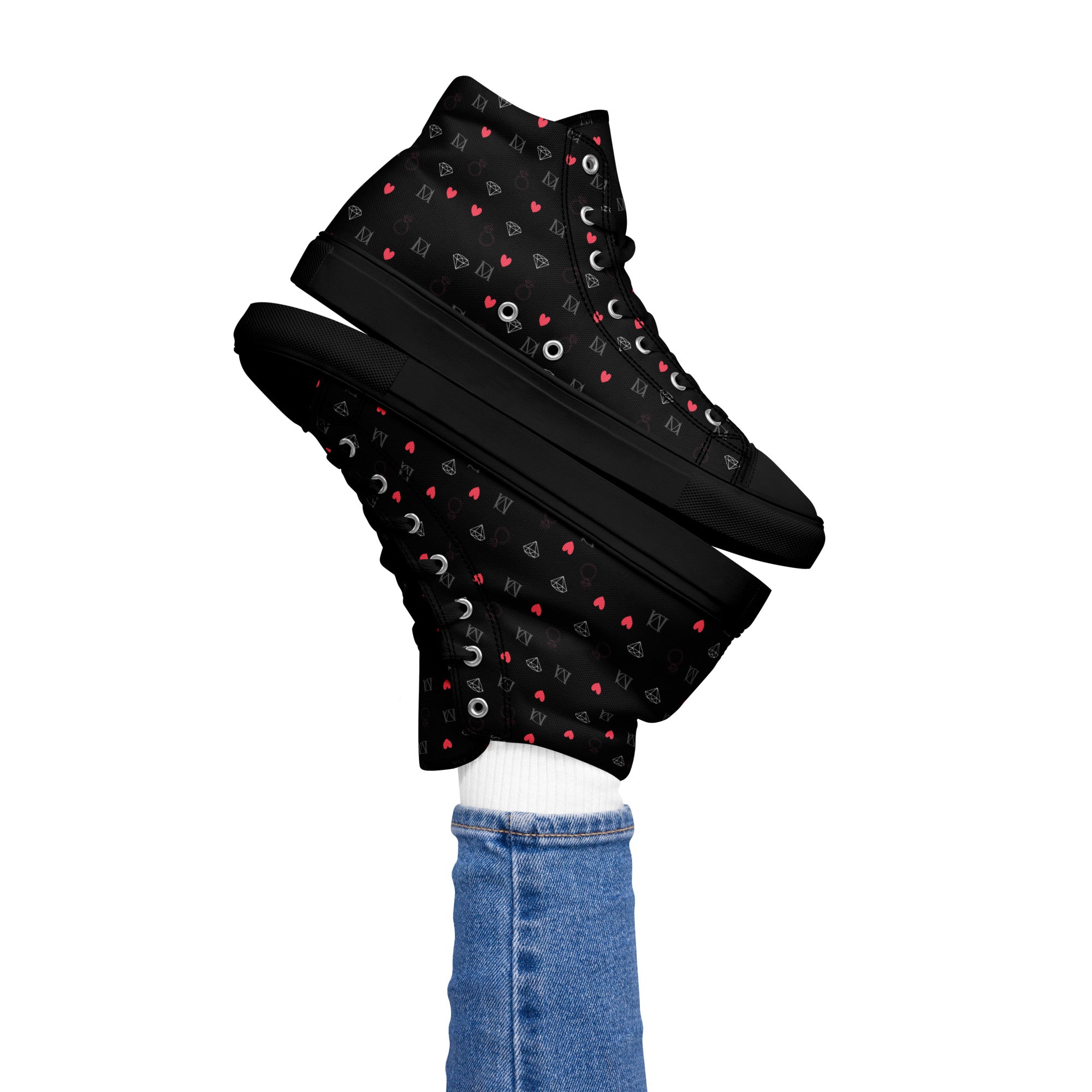 Black women's high-top canvas shoes featuring Speckled Diamonds design by Daemon Luxury, with a sleek and stylish look.
