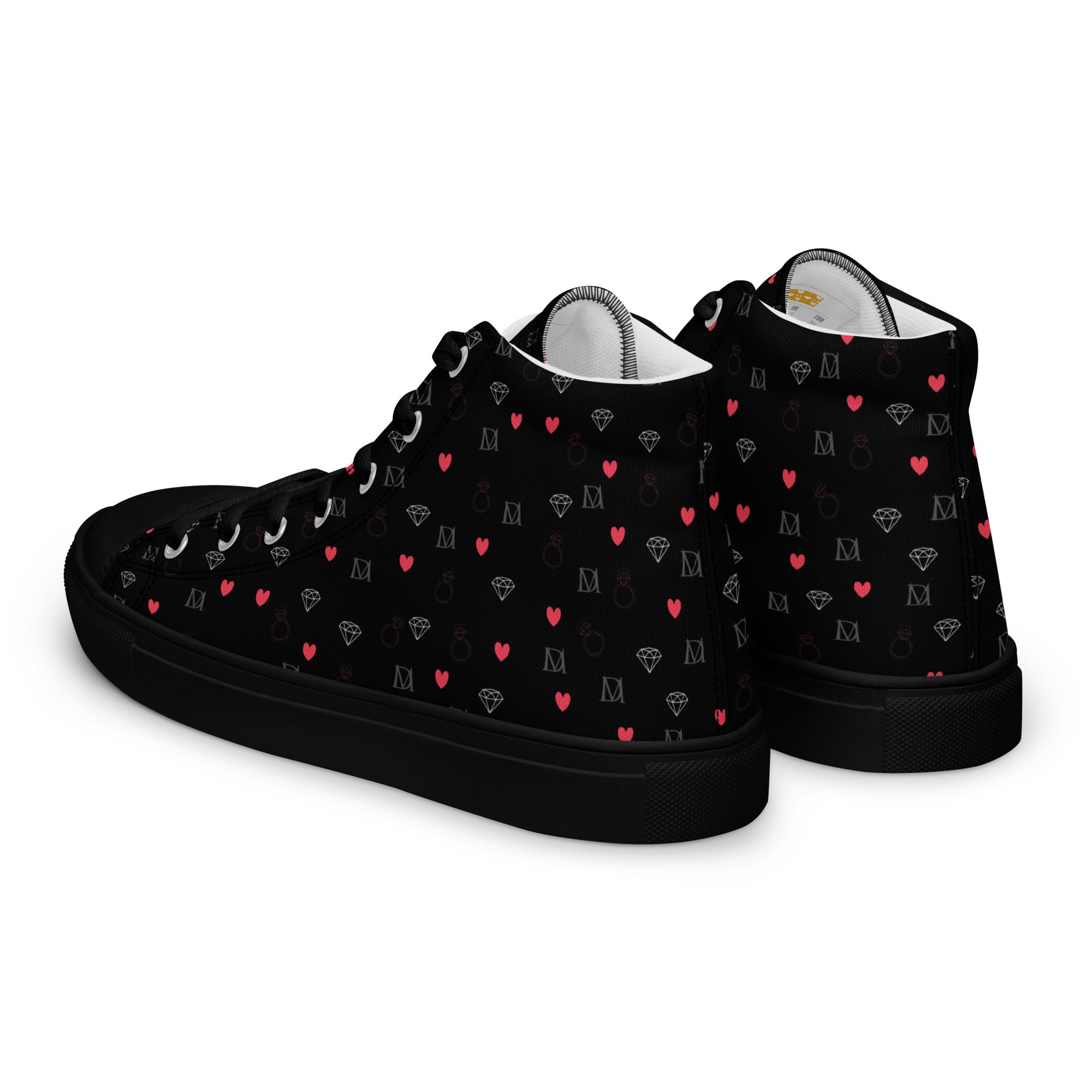 Black high-top canvas shoes for women featuring speckled diamond design by Daemon Luxury, shown from back left angle.