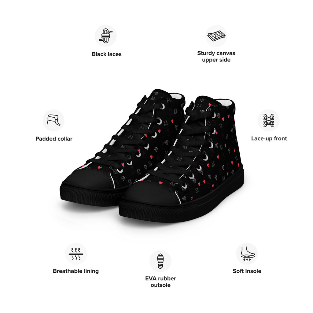 Black women’s high-top canvas shoes with speckled diamond design by Daemon Luxury, front left view.