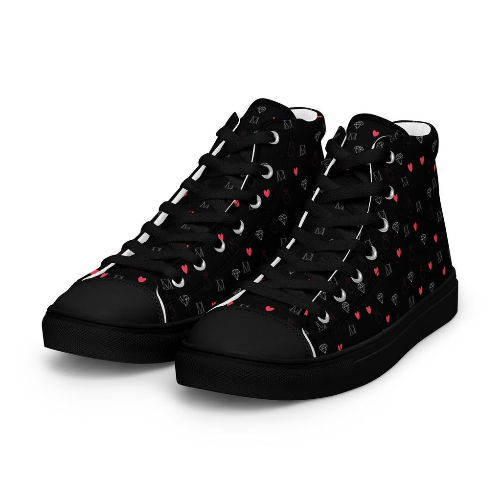 Black high-top canvas shoes with speckled diamond design from Daemon Luxury's NEMESIS Female collection, shown from the front left.