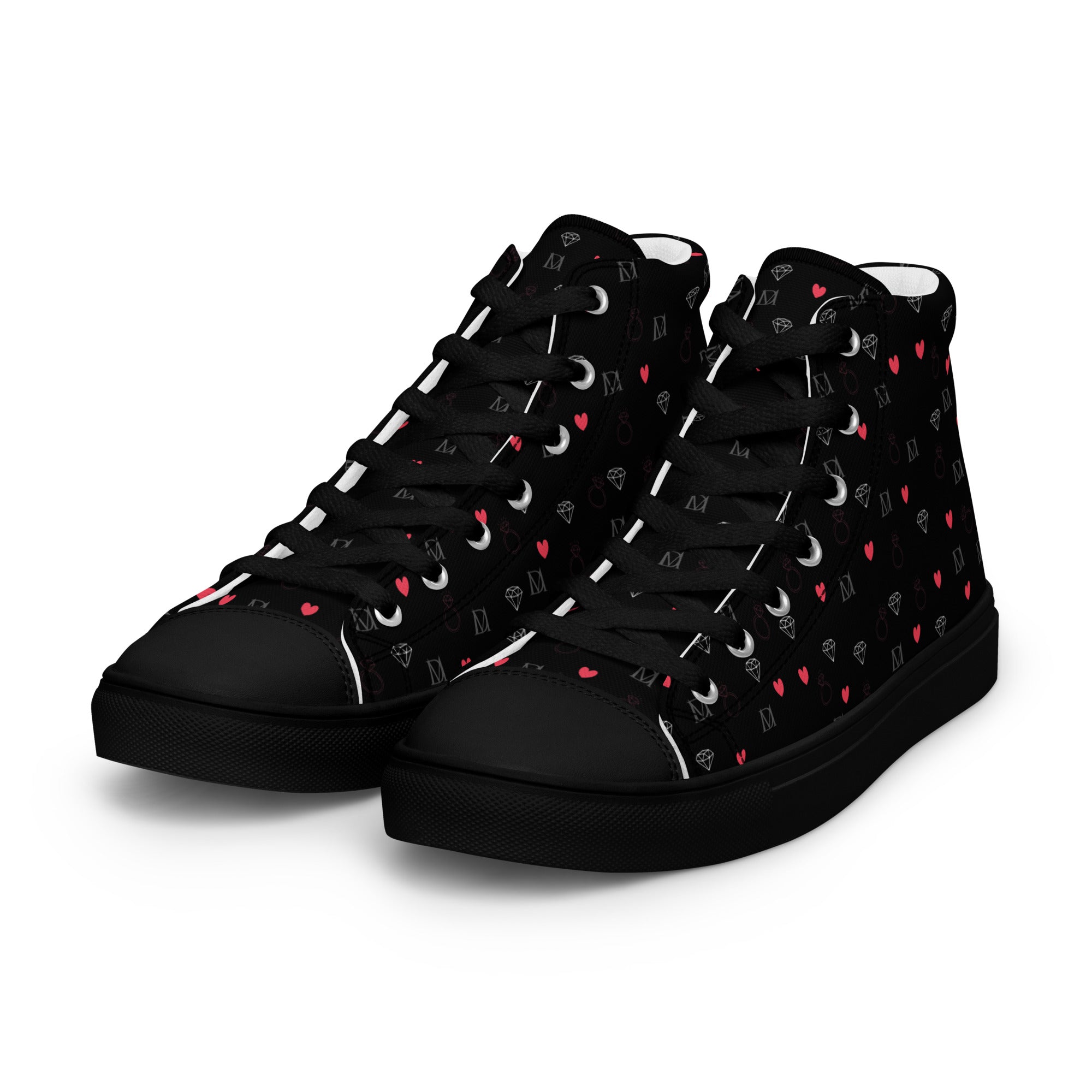 Black high-top canvas shoes with speckled diamond design from Daemon Luxury's NEMESIS Female collection, shown from the front left.
