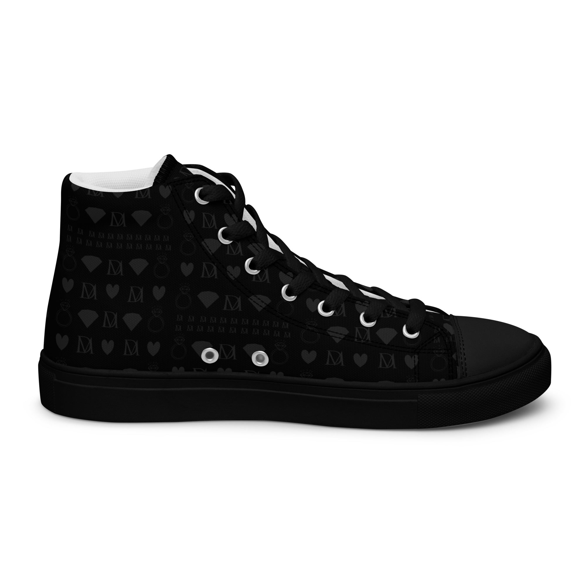 Black women's high-top canvas shoes from Daemon Luxury featuring frosted diamond details on platinum-colored accents.