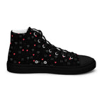 Black women's high-top canvas shoes featuring speckled diamond design by Daemon Luxury, shown from the inside left side.