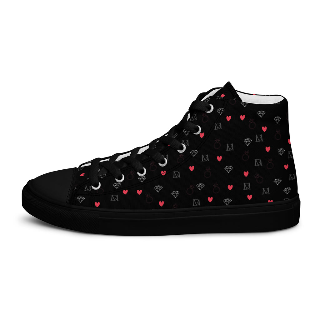 Black high-top canvas shoes with speckled diamond pattern from Daemon Luxury's NEMESIS Female collection, showing left outside view.