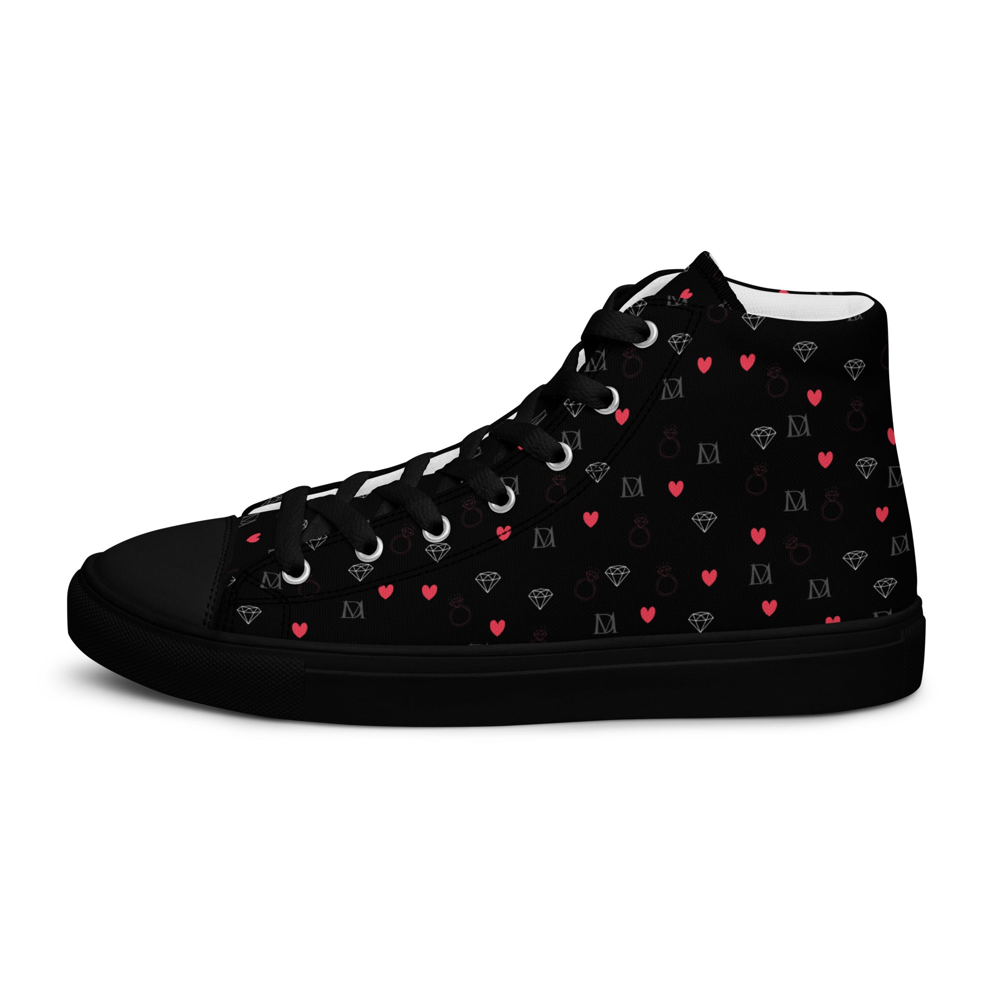 Black high-top canvas shoes with speckled diamond pattern from Daemon Luxury's NEMESIS Female collection, showing left outside view.