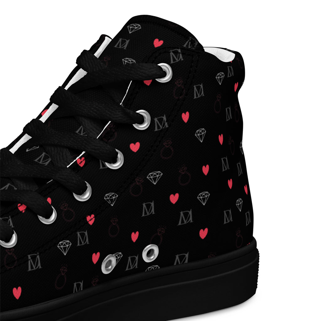 Black high-top canvas shoes with speckled diamond designs from Daemon Luxury's NEMESIS Female collection.