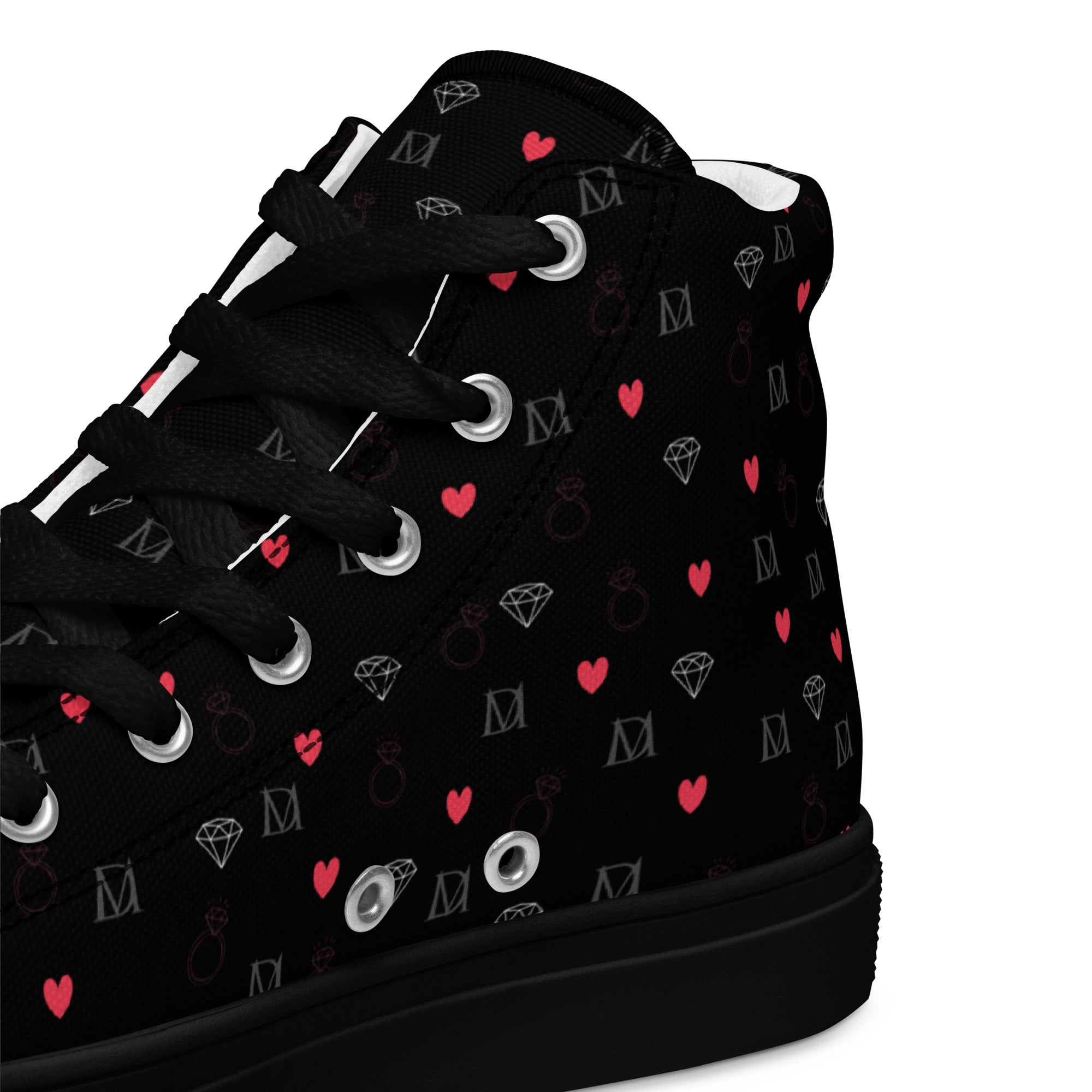 Black high-top canvas shoes with speckled diamond designs from Daemon Luxury's NEMESIS Female collection.