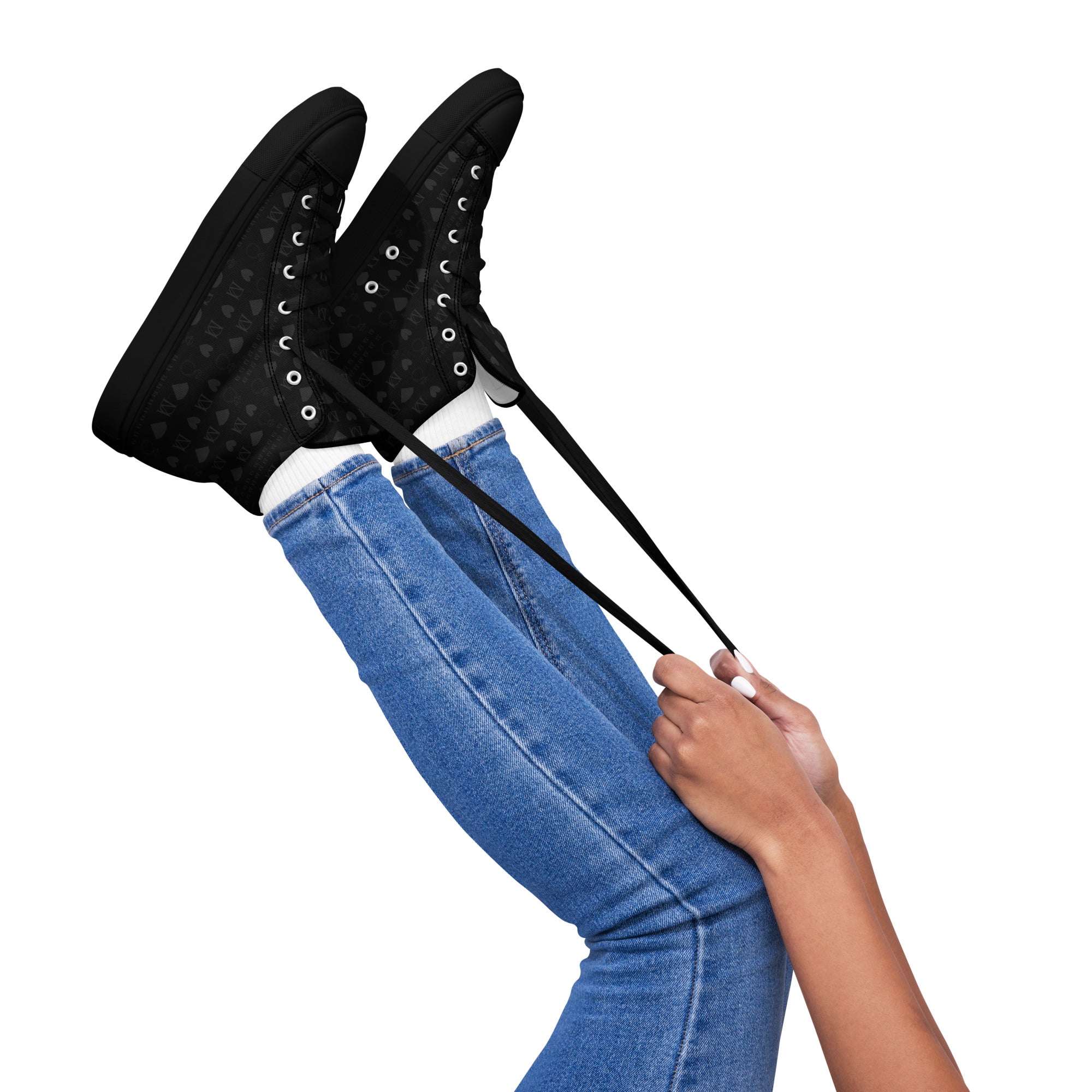 Black women's high-top canvas shoes with frosted diamond details by Daemon Luxury, featuring platinum accents.