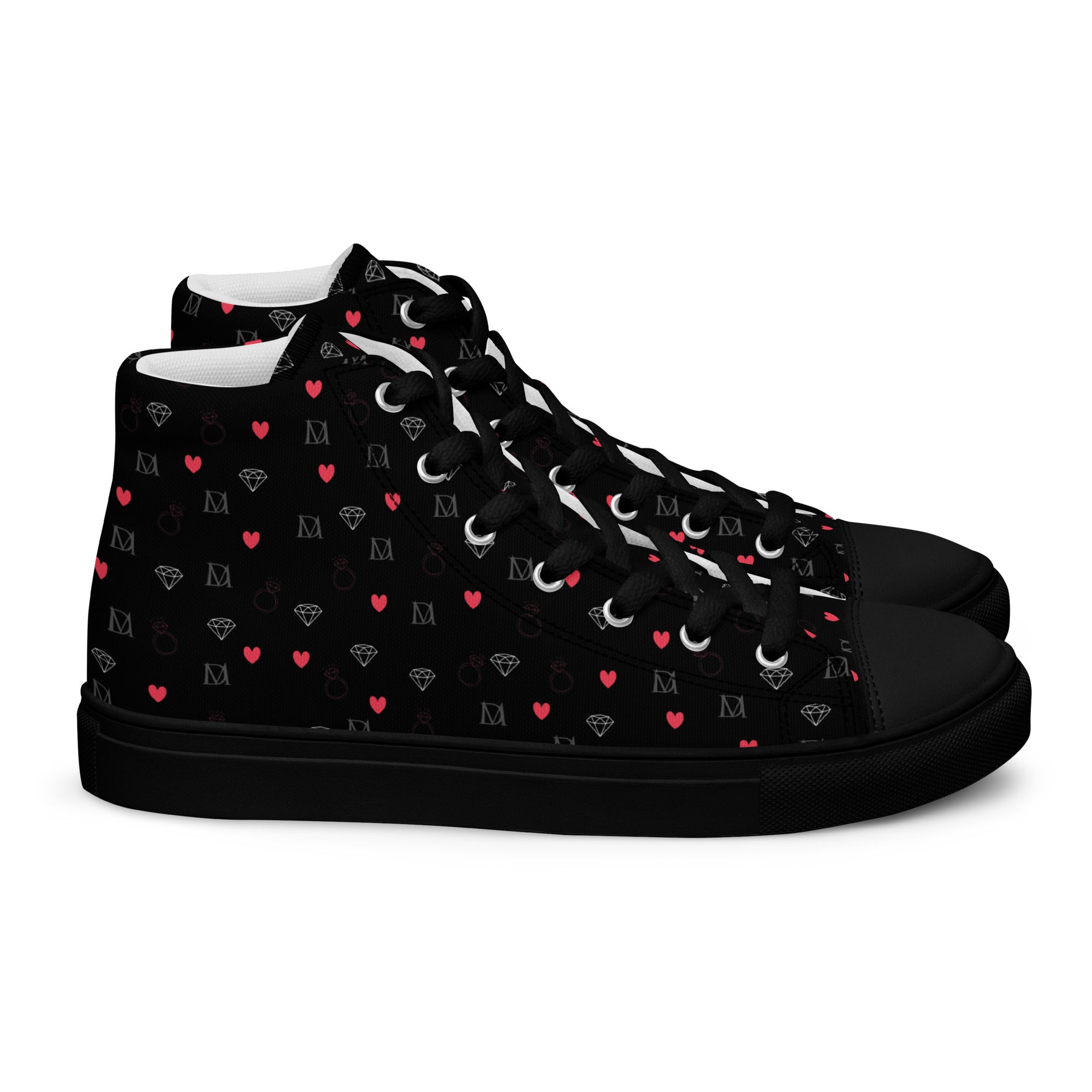 Daemon Luxury Speckled Diamonds NEMESIS Female black high-top canvas shoes, right side view with stylish design.