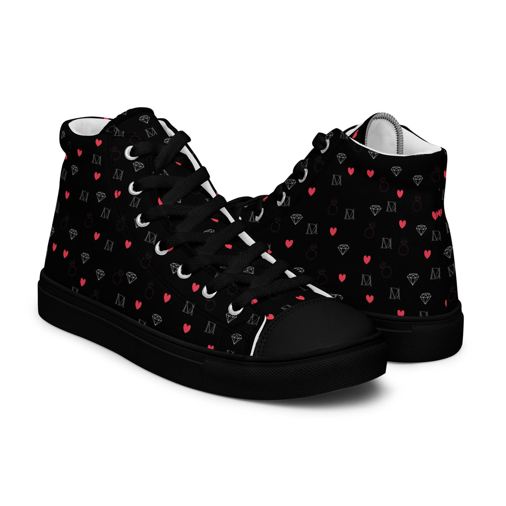 Black women's high-top canvas shoes featuring speckled diamond patterns by Daemon Luxury, part of the NEMESIS Female collection.