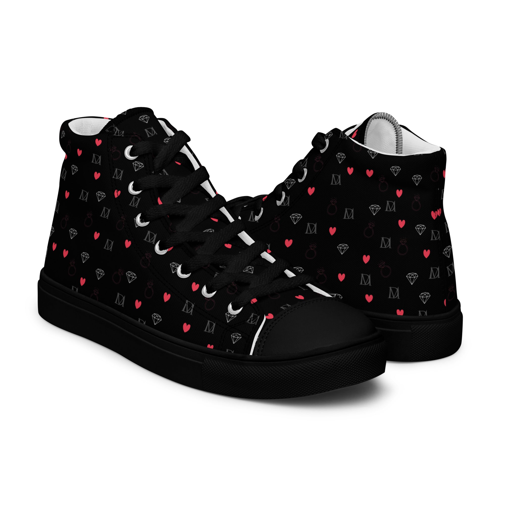 Black women's high-top canvas shoes featuring speckled diamond patterns by Daemon Luxury, part of the NEMESIS Female collection.