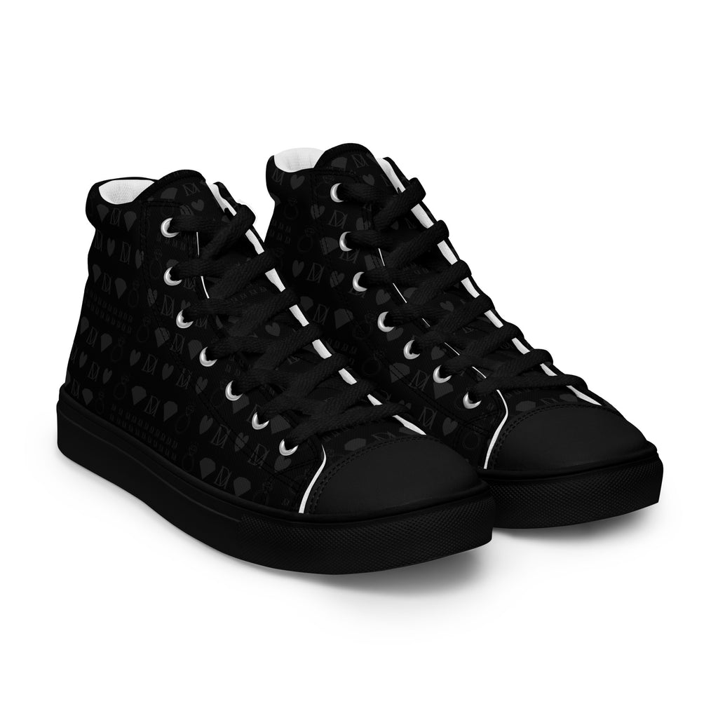 Black women's high-top canvas shoes from Daemon Luxury featuring frosted diamond platinum accents, right front view.