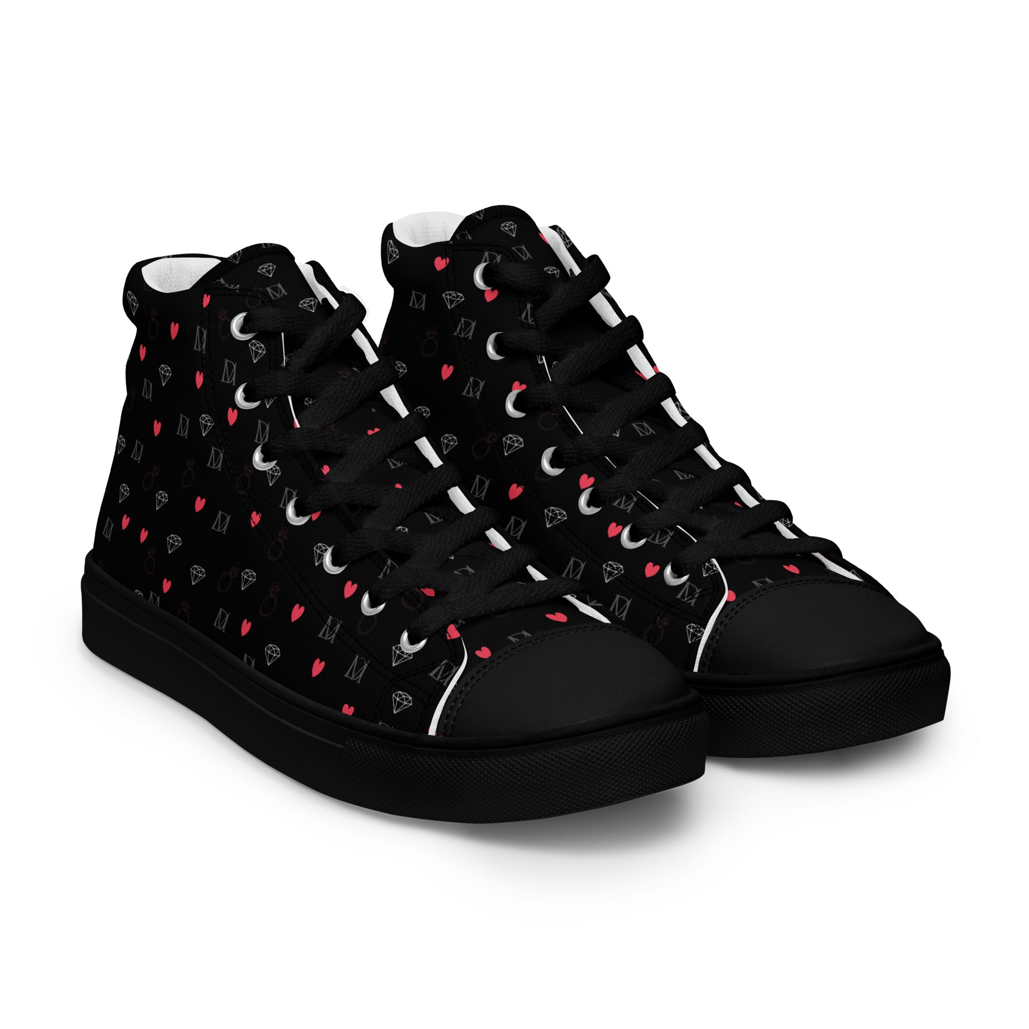 Black high-top canvas shoes from Daemon Luxury's Speckled Diamonds NEMESIS Female collection, front view showing detailed design.