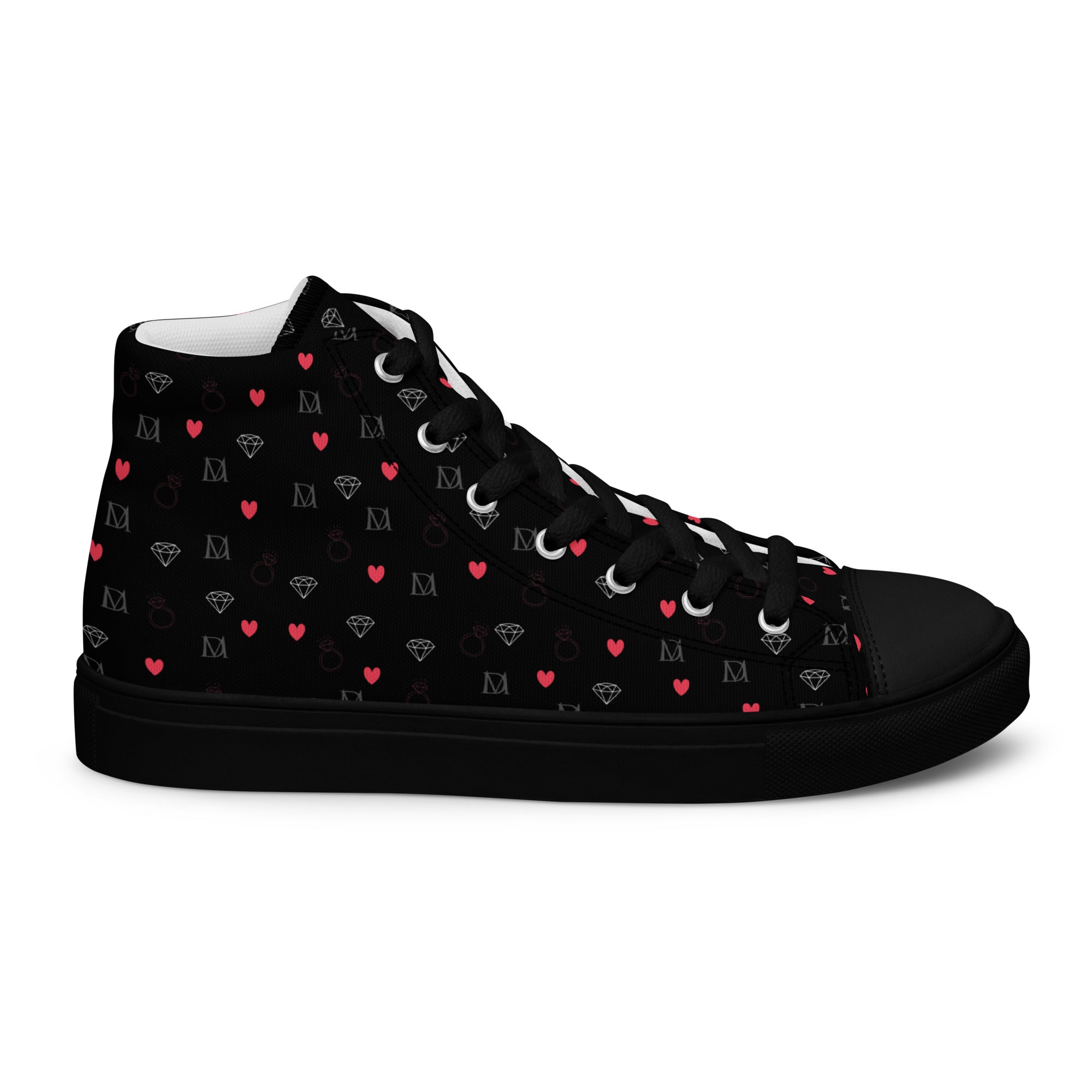 Black high-top canvas shoes with speckled diamond pattern from Daemon Luxury for women, shown from the right outside.