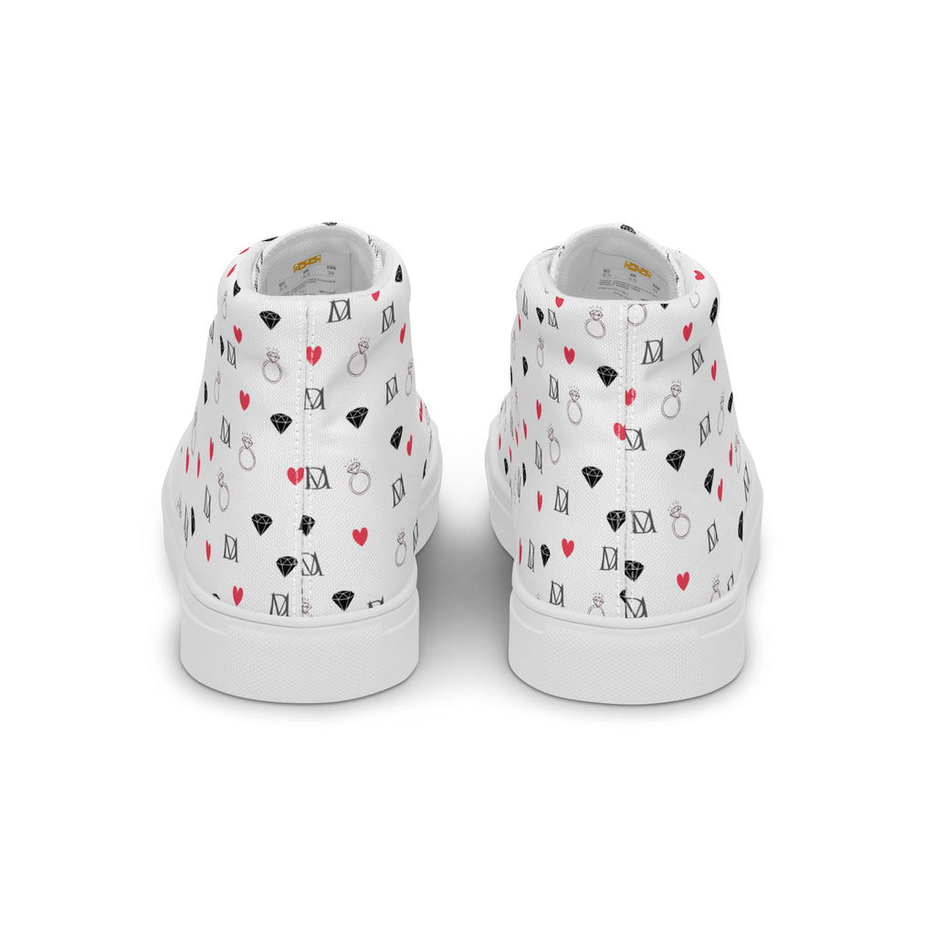White high-top canvas shoes by Daemon Luxury with speckled diamond details, designed for women.