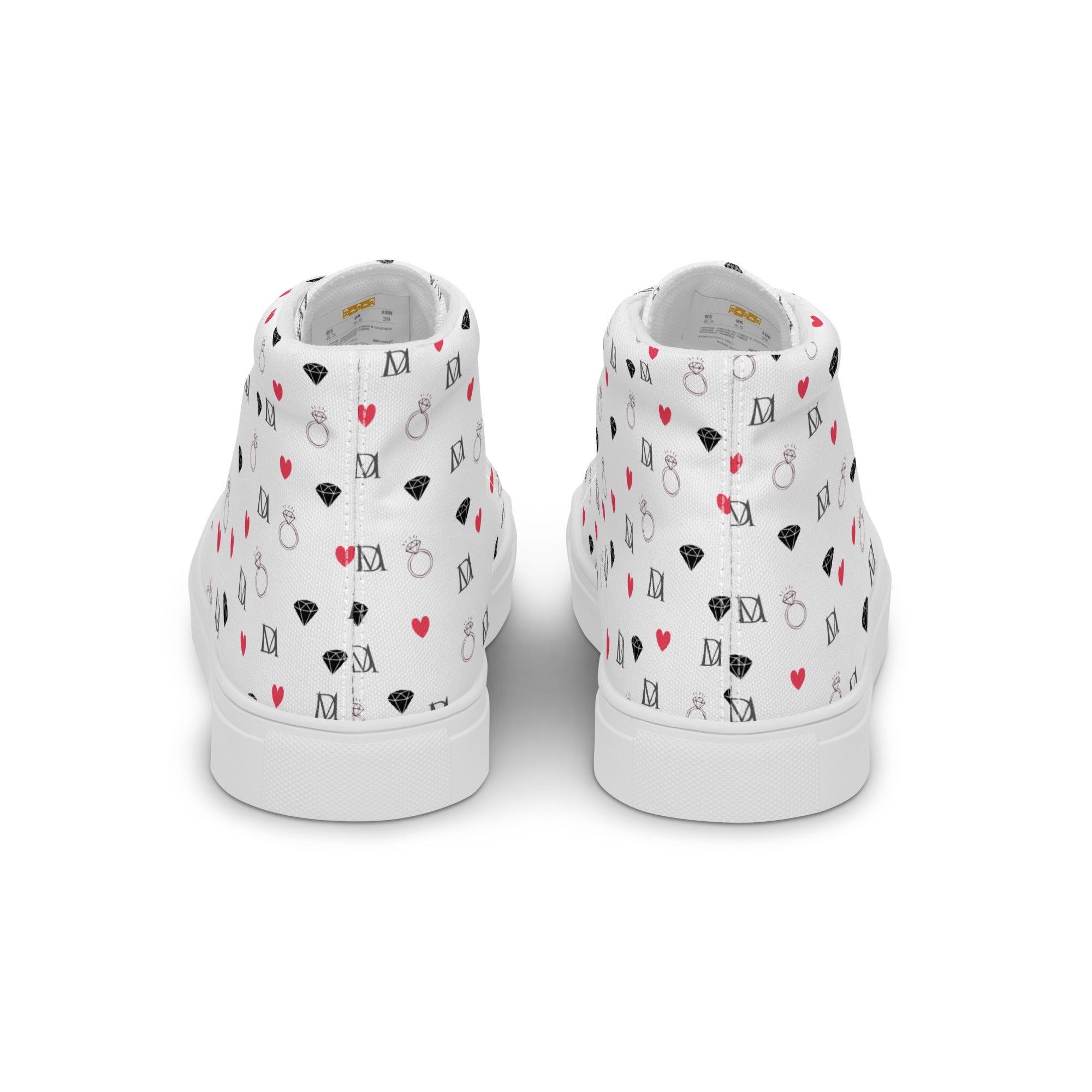 White high-top canvas shoes by Daemon Luxury with speckled diamond details, designed for women.