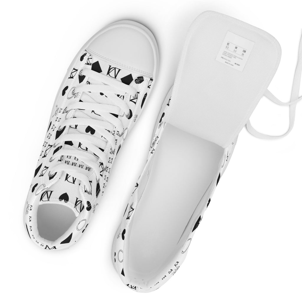 White high-top canvas shoes from Daemon Luxury's Dim Diamonds Artica Blizzard Female collection, featuring stylish branding details.