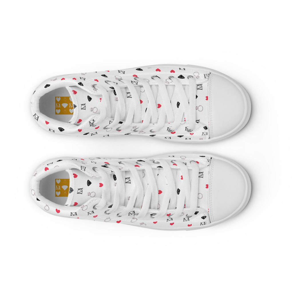 White high-top canvas shoes with speckled diamond patterns from Daemon Luxury's Artica Blizzard Female collection.