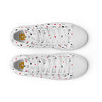 White high-top canvas shoes with speckled diamond patterns from Daemon Luxury's Artica Blizzard Female collection.