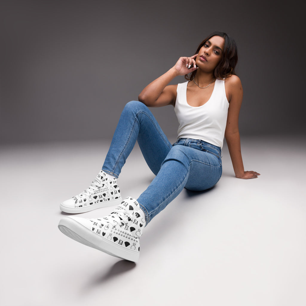White high-top canvas shoes from Daemon Luxury's Dim Diamonds Artica Blizzard female collection, showcasing the front view.