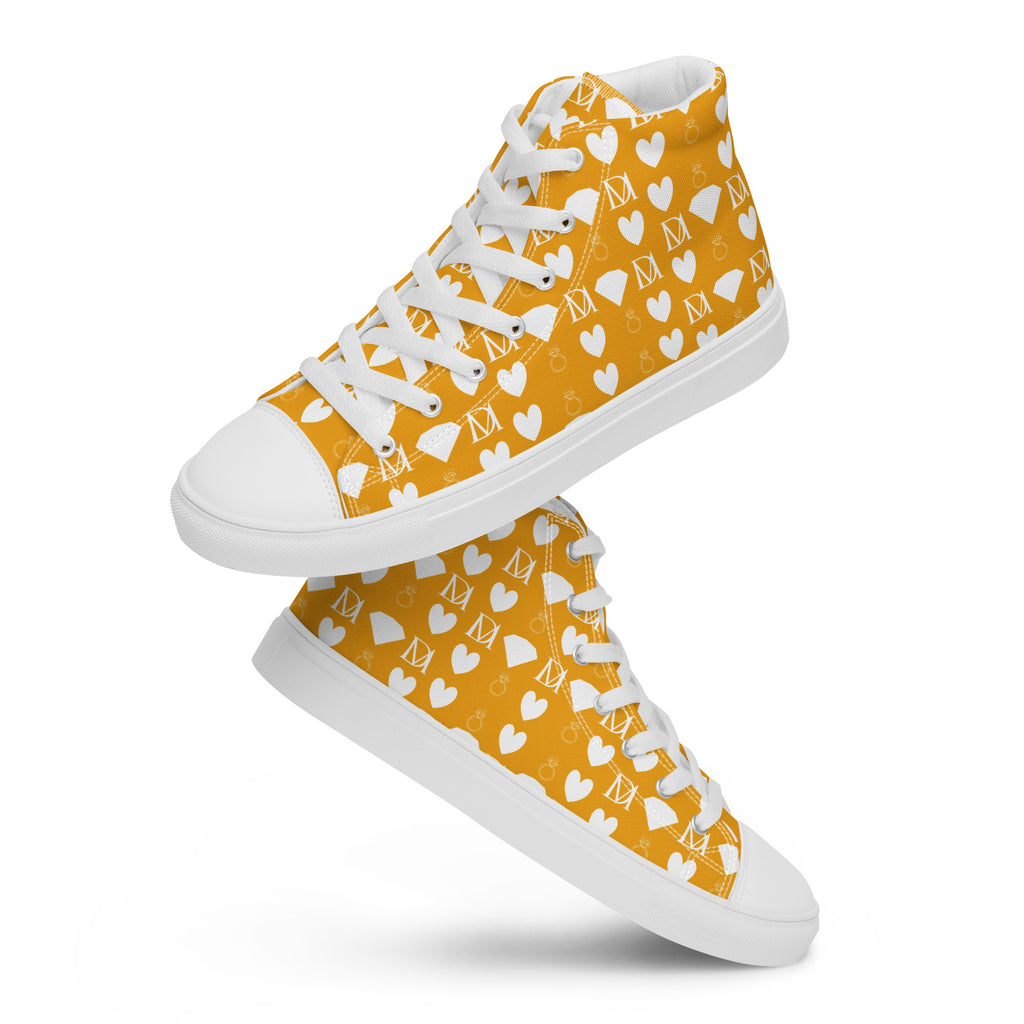 White women's high-top canvas shoes featuring frosted diamonds design by Daemon Luxury, stylish and comfortable footwear.