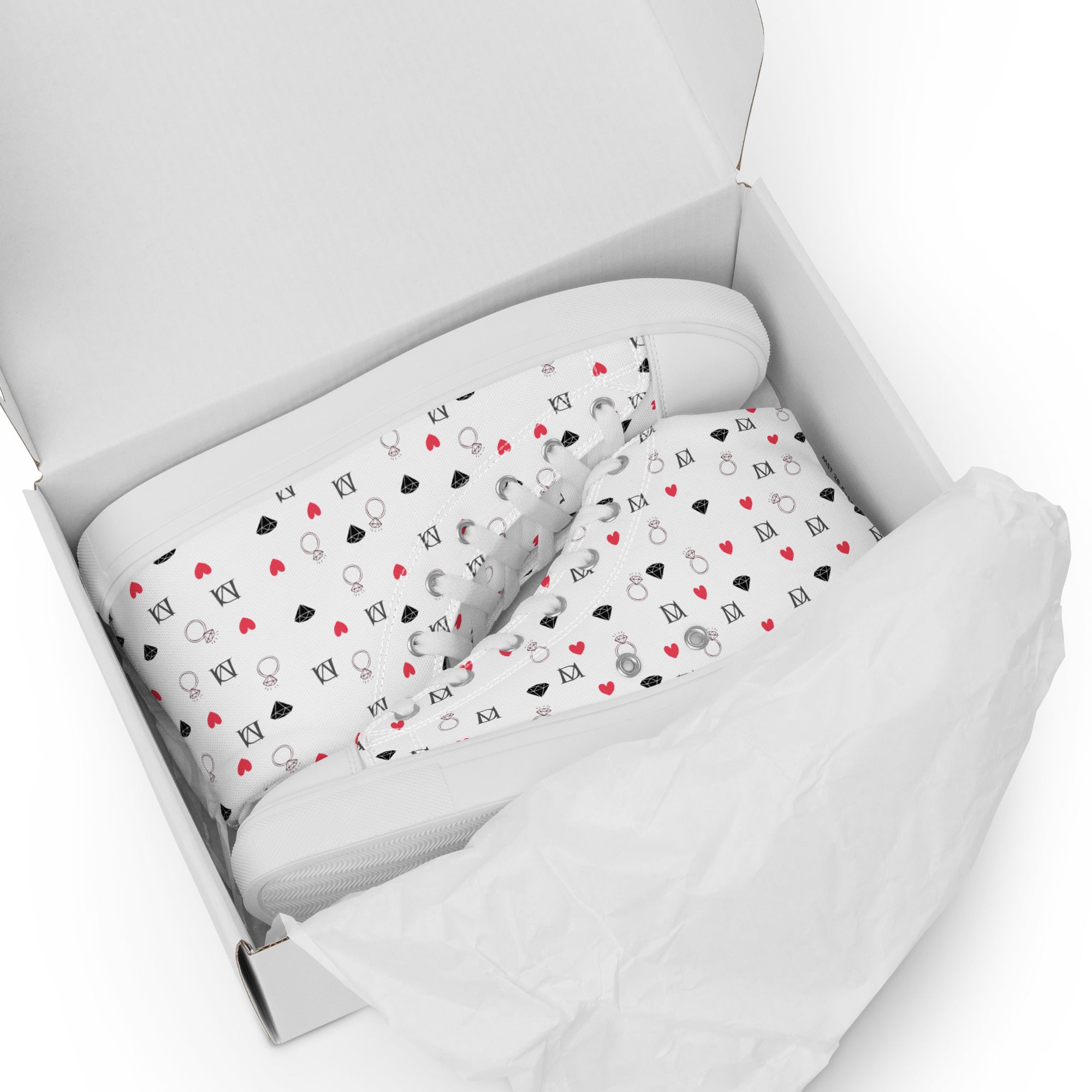 White high-top canvas shoes for women featuring speckled diamond design by Daemon Luxury.