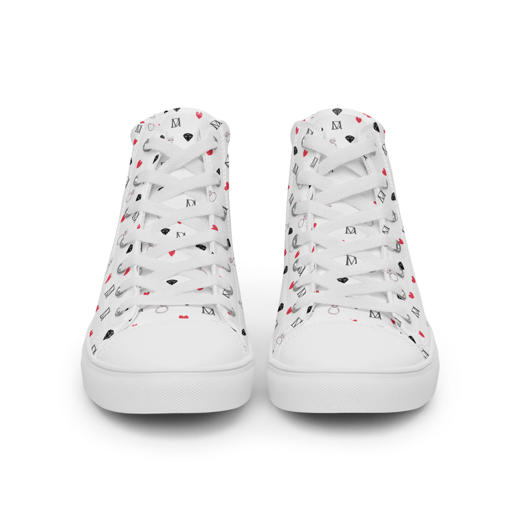 White high-top canvas shoes from Daemon Luxury's Speckled Diamonds Artica Blizzard Female collection, featuring a stylish speckled diamond pattern.