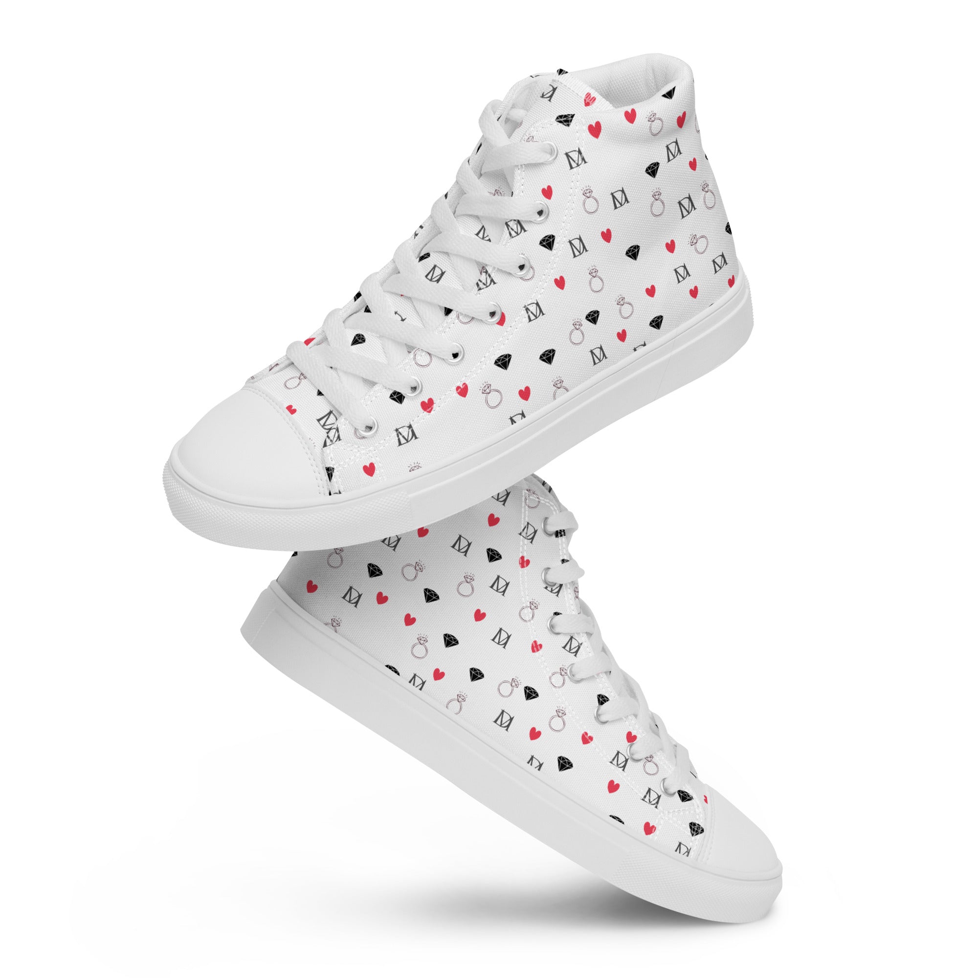 White women's high-top canvas shoes featuring speckled diamond patterns from Daemon Luxury Artica Blizzard collection.