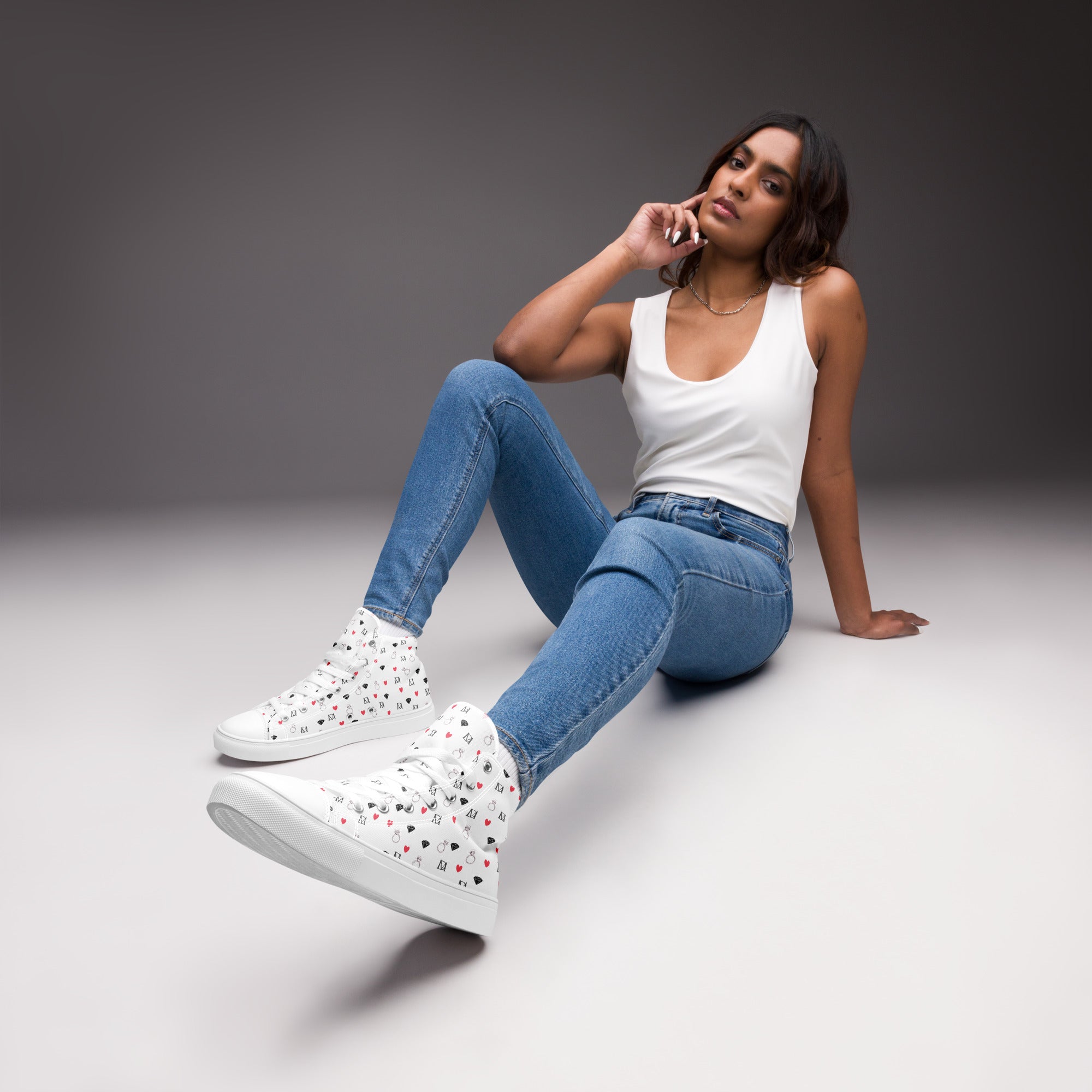 Women's high-top canvas shoes by Daemon Luxury featuring speckled diamond artica blizzard design in white.