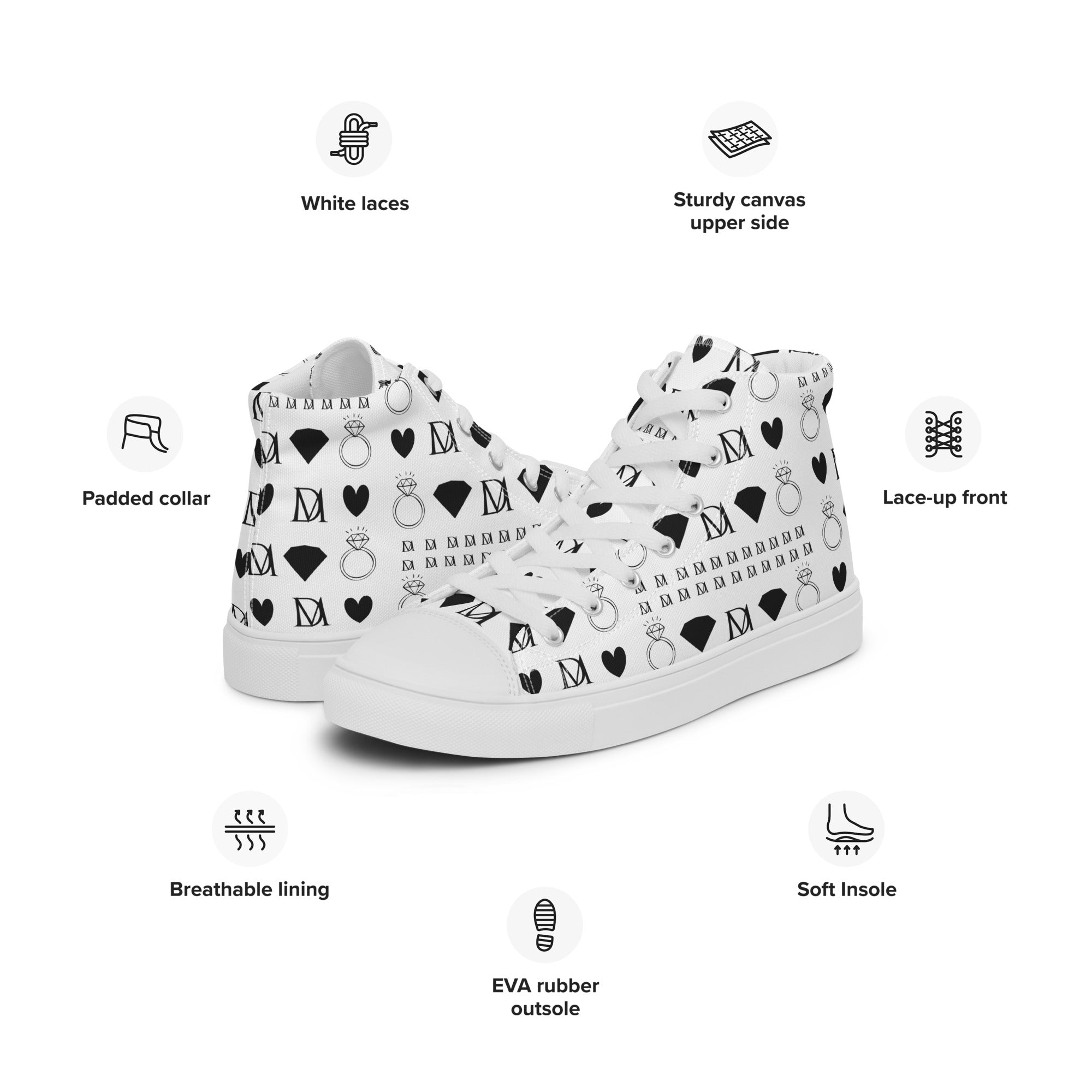 White women's high-top canvas shoes from Daemon Luxury's Dim Diamonds Artica Blizzard collection.