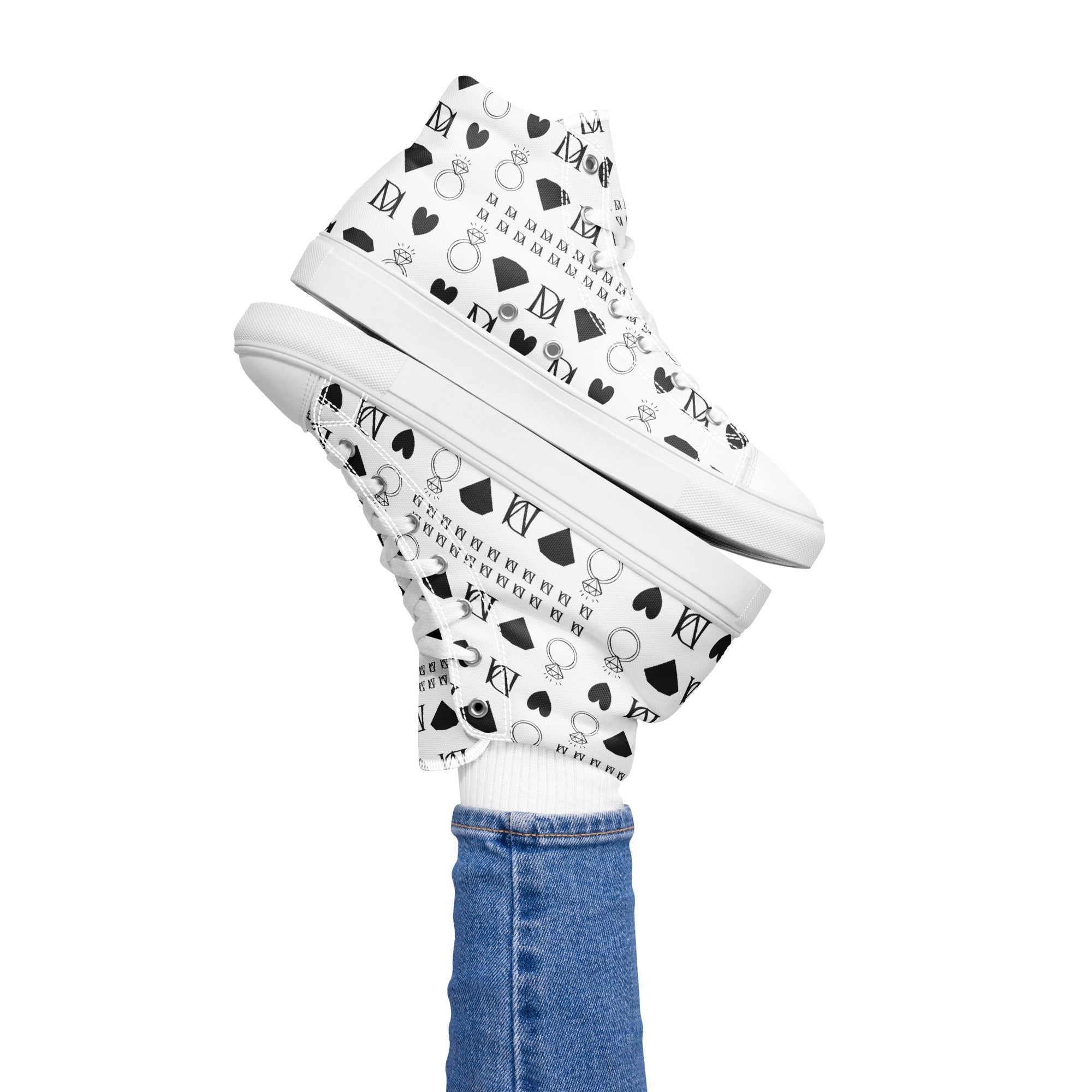 White women's high-top canvas shoes from Daemon Luxury's Dim Diamonds Artica Blizzard collection, shown from the left side.