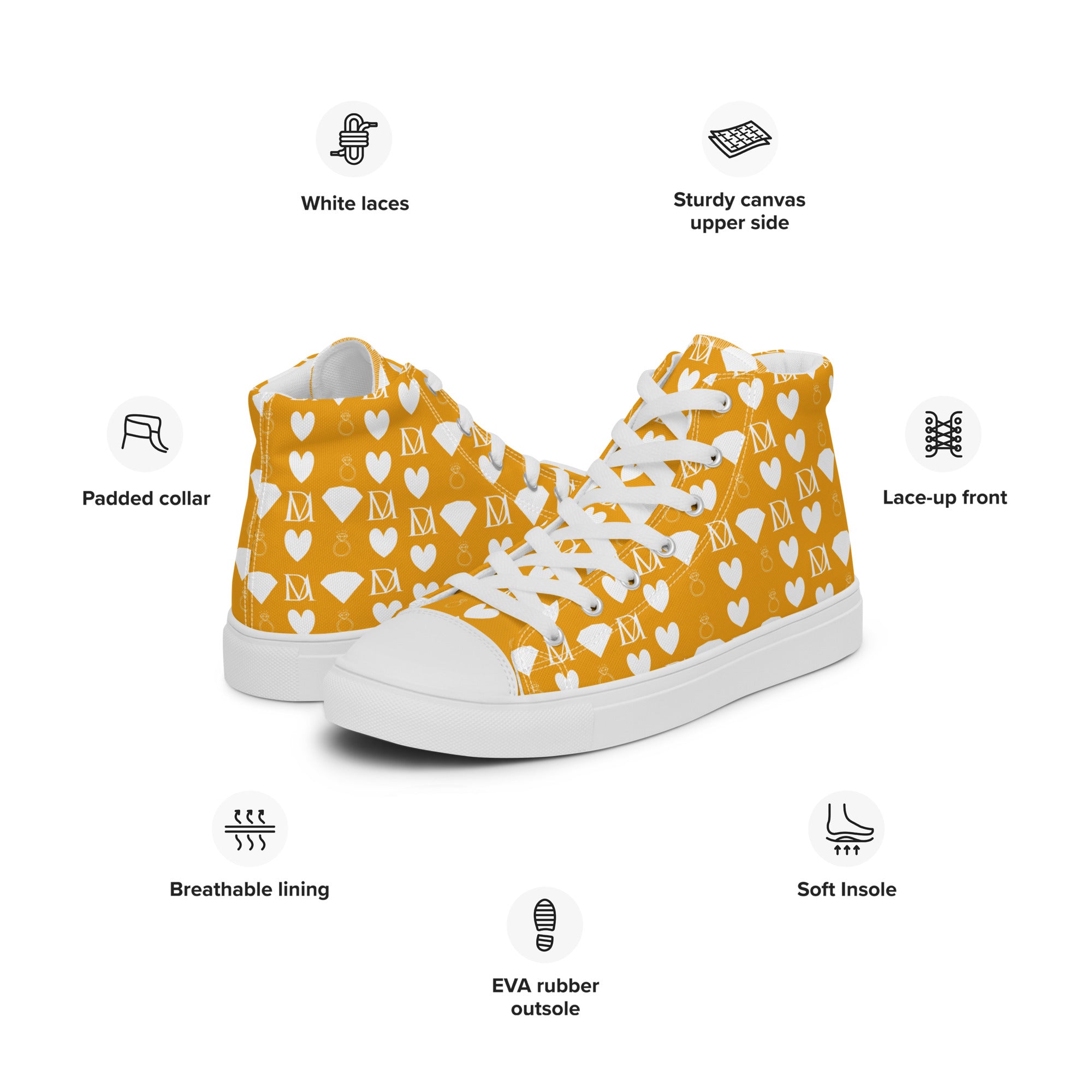 White women's high-top canvas shoes from Daemon Luxury featuring frosted diamond accents and stylish design.