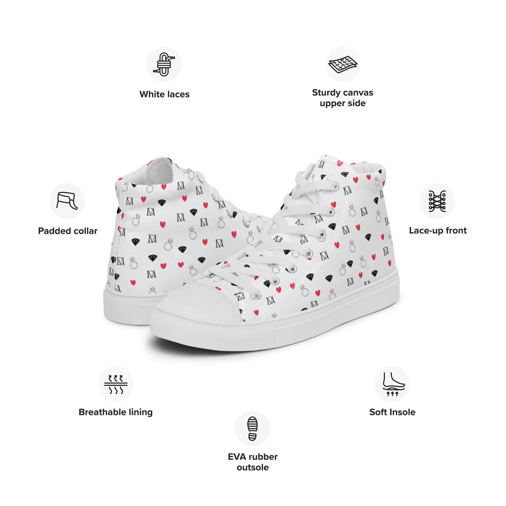 White high-top canvas shoes with speckled diamond design for women by Daemon Luxury, featuring a stylish, casual look.
