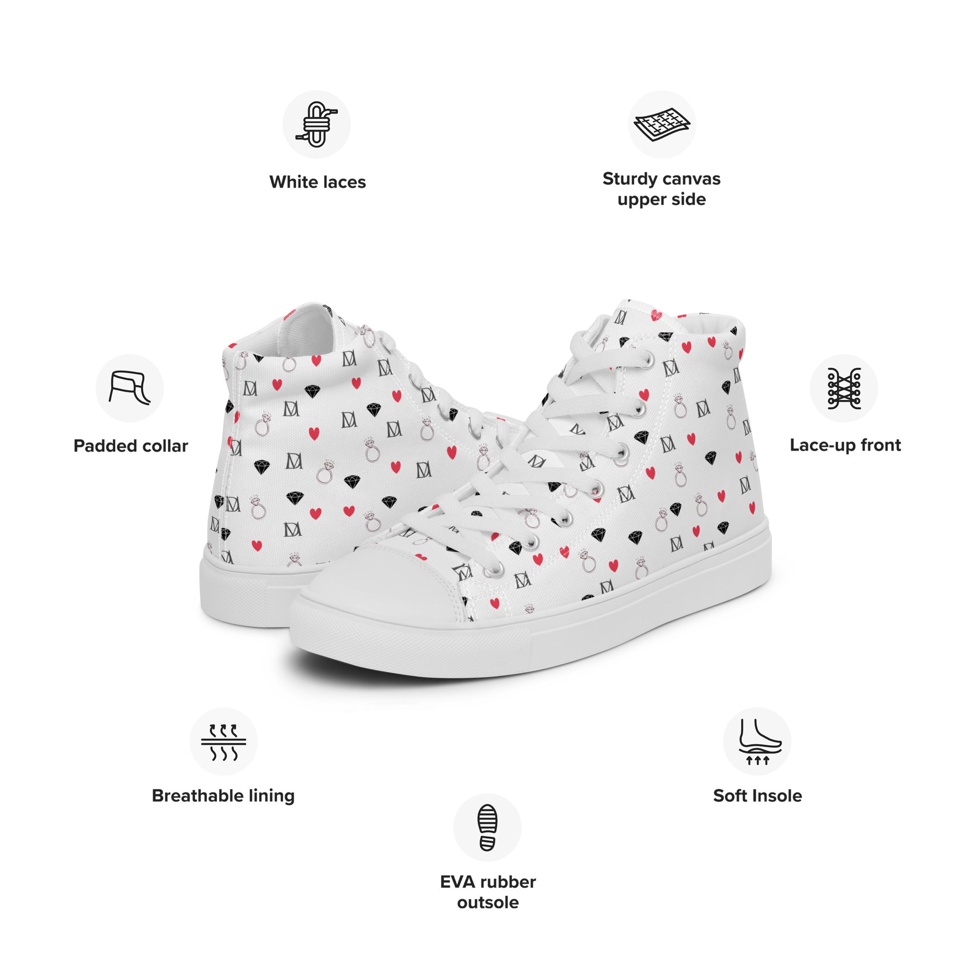 White high-top canvas shoes with speckled diamond design for women by Daemon Luxury, featuring a stylish, casual look.