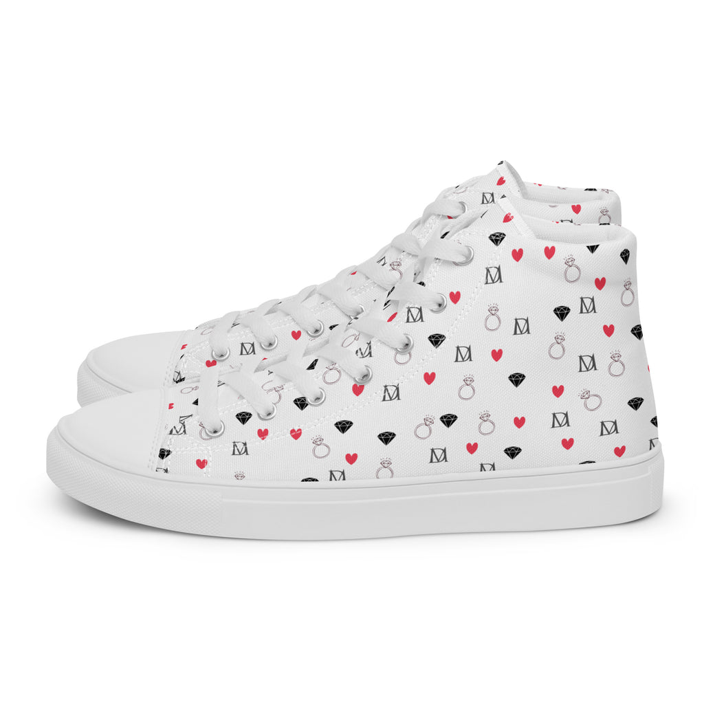 White high-top canvas shoes with speckled diamond design by Daemon Luxury, featuring a stylish female artica blizzard motif.