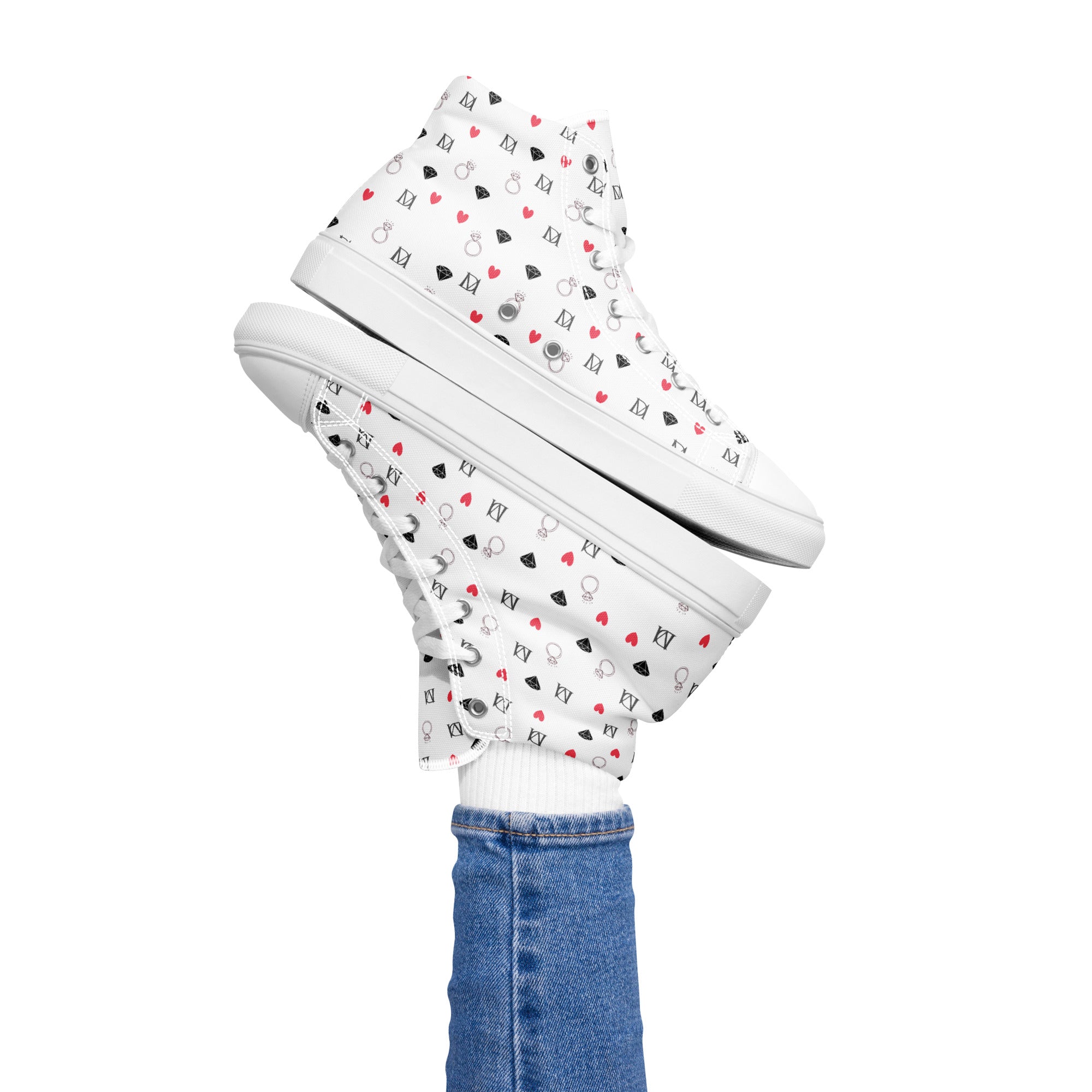 White women's high-top canvas shoes featuring speckled diamond and Artica Blizzard design by Daemon Luxury.