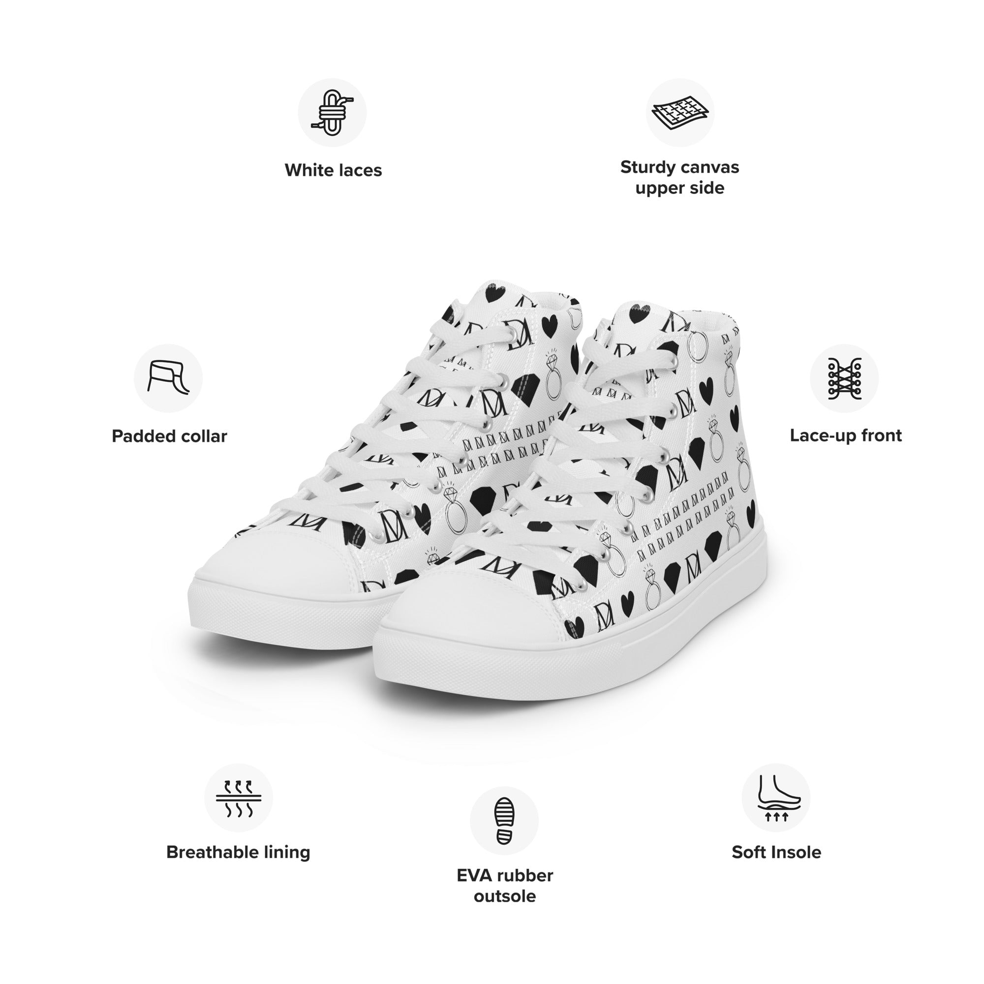 White high-top canvas shoes from Daemon Luxury's Dim Diamonds Artica Blizzard collection, shown from front left angle.